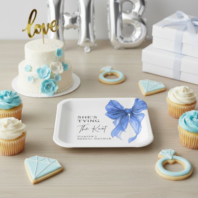 She's Tying The Knot Blue Bow Bridal Shower Paper Plate (Creator Uploaded)