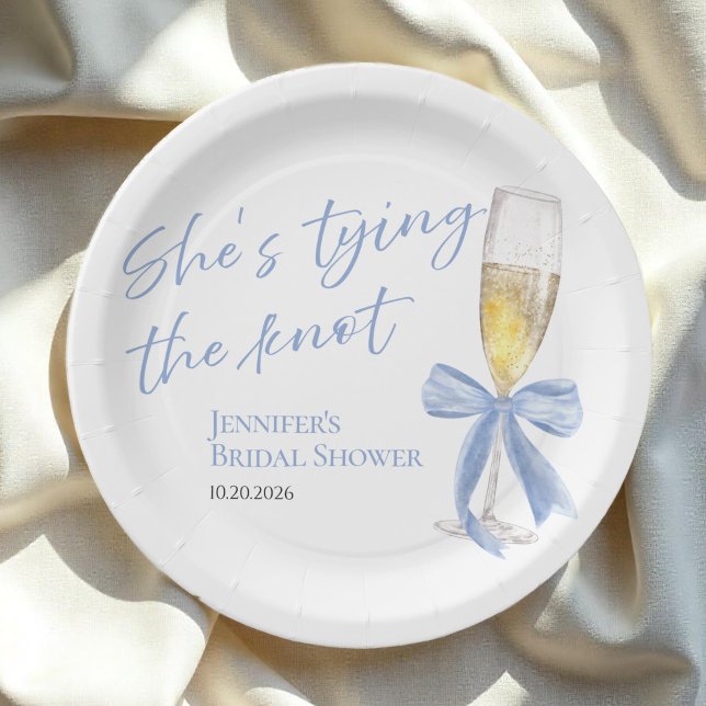 She's Tying the Knot | Blue Bow Bridal Shower Paper Plate (Creator Uploaded)