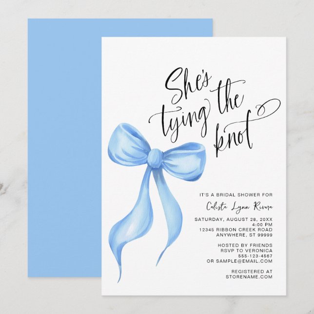 She's Tying the Knot Blue Bow Ribbon Bridal Shower Invitation (Front/Back)