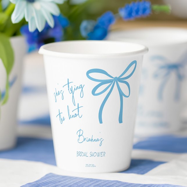 She's tying the knot blue ribbon bow printed paper cups (She's tying the knot blue ribbon bow coquette preppy bridal shower printed paper cups personalized )