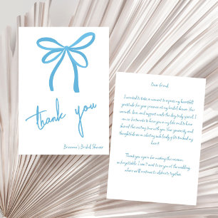 She's tying the knot blue ribbon bow thank you card