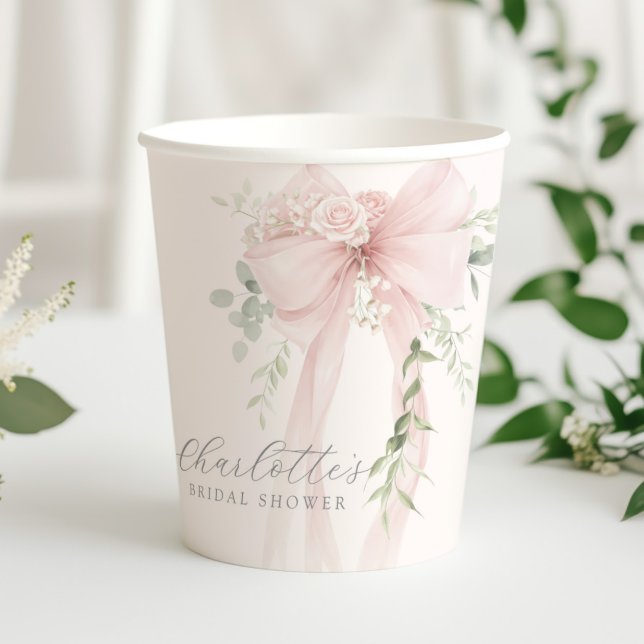 She's tying the knot Blush Bow Bridal Shower Paper Cups (Creator Uploaded)