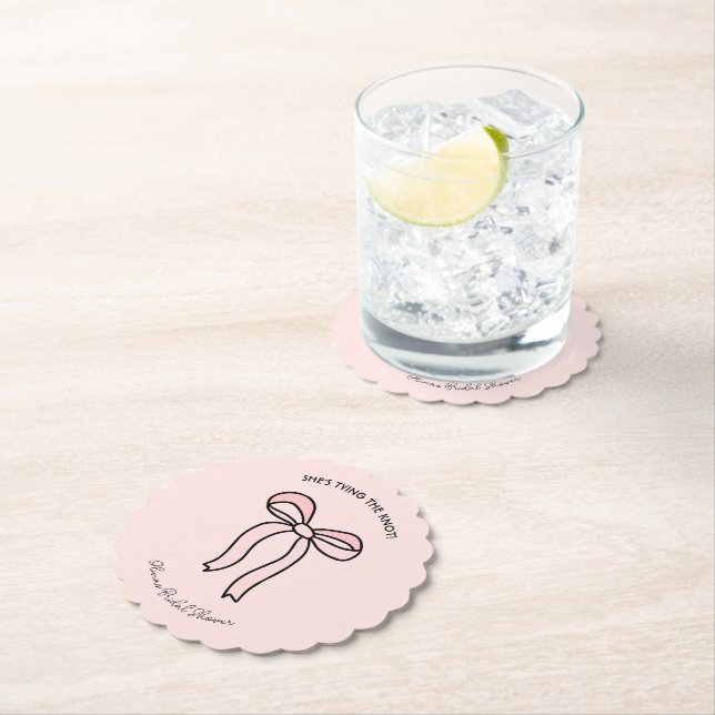 She's Tying The Knot Blush Pink Bow Bridal Shower Paper Coaster (Insitu)