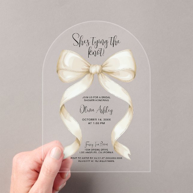 She's Tying the Knot Bow Bridal Shower Acrylic Invitations (Insitu (Handheld))