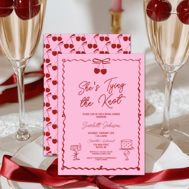 She's Tying the Knot Bow Cherry Red Bridal Shower Invitation (Pink and Cherry Red She's Tying the Knot Bow Bridal Shower Invitations, Chic Trendy, Wavy, Cherries)