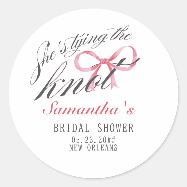 She's Tying the Knot Bow Coquette Bridal Shower Classic Round Sticker (Front)