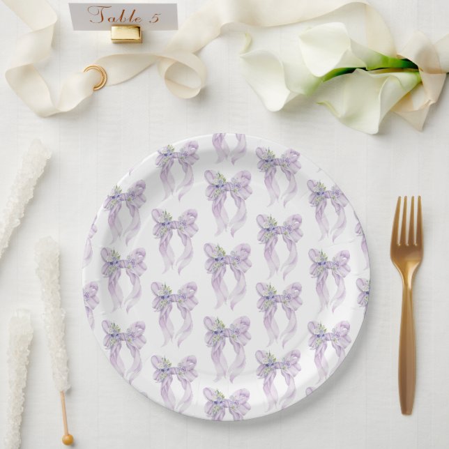 She's Tying the Knot Bridal Shower Lilac Bow Paper Plate (Wedding)