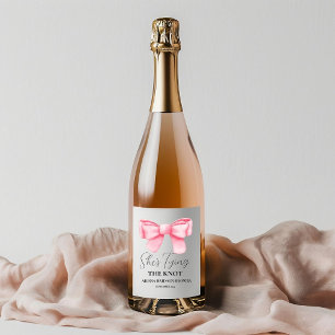 She's tying the knot Bridal Shower Pink Bow Sparkling Wine Label