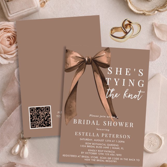 She's Tying The Knot Brown QR Code Bridal Shower Invitation (Creator Uploaded)