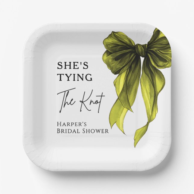She's Tying The Knot Chartreuse Bow Bridal Shower Paper Plate (Front)