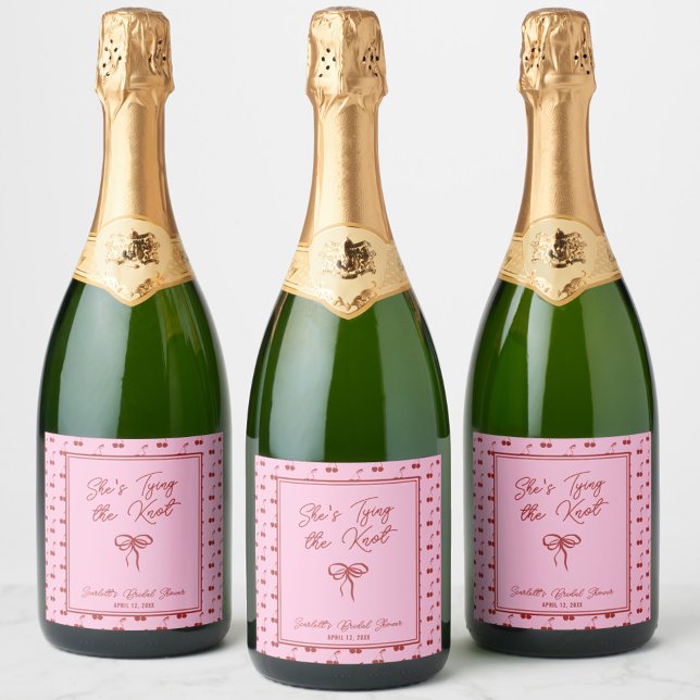 She's Tying the Knot Cherry Bridal Shower Sparkling Wine Label (Add a personal touch to your bridal shower with this cherry "She's Tying the Knot" champagne label)