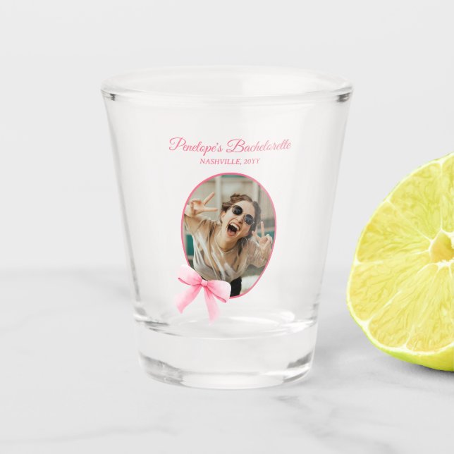 She's Tying the Knot Coquette Bachelorette Party  Shot Glass (Front)
