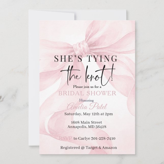 She's tying the knot, Elegant Pink Bow Invitation (Front)