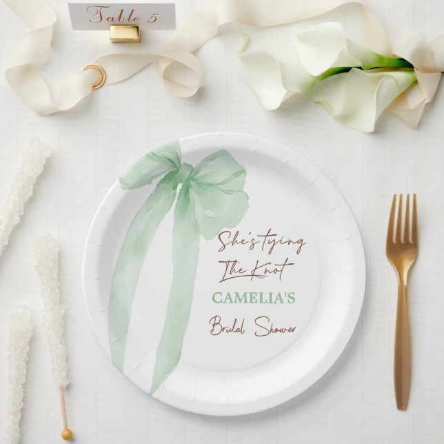 She's Tying The Knot Green Bow Bridal Shower Paper Plate (Wedding)