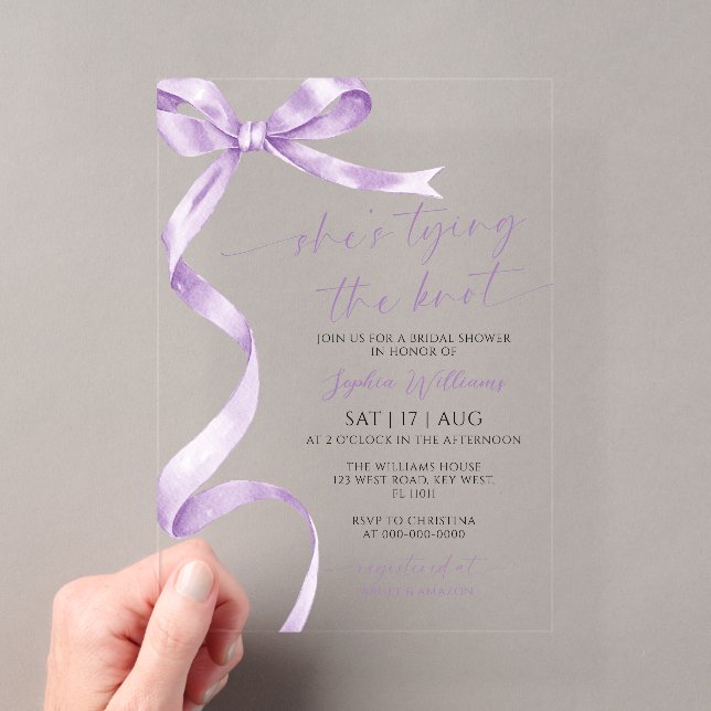 She's Tying the Knot Lavender Bow Bridal Shower Acrylic Invitations (Insitu (Handheld))
