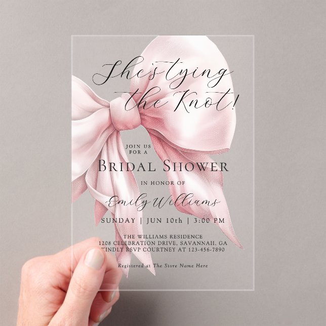 She's Tying the Knot Pink Bow Bridal Shower Acrylic Invitations (Insitu (Handheld))