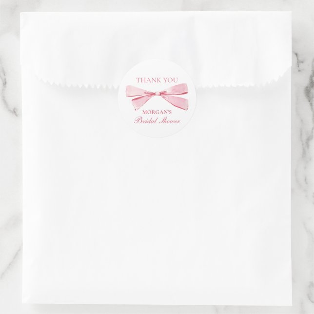 She's Tying The Knot Pink Bow Bridal Shower Classic Round Sticker (Bag)