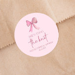 She's Tying The Knot Pink Bow Bridal Shower Classic Round Sticker<br><div class="desc">This is a She's Tying The Knot Pink Bow Bridal Shower Party Favour Stickers!</div>