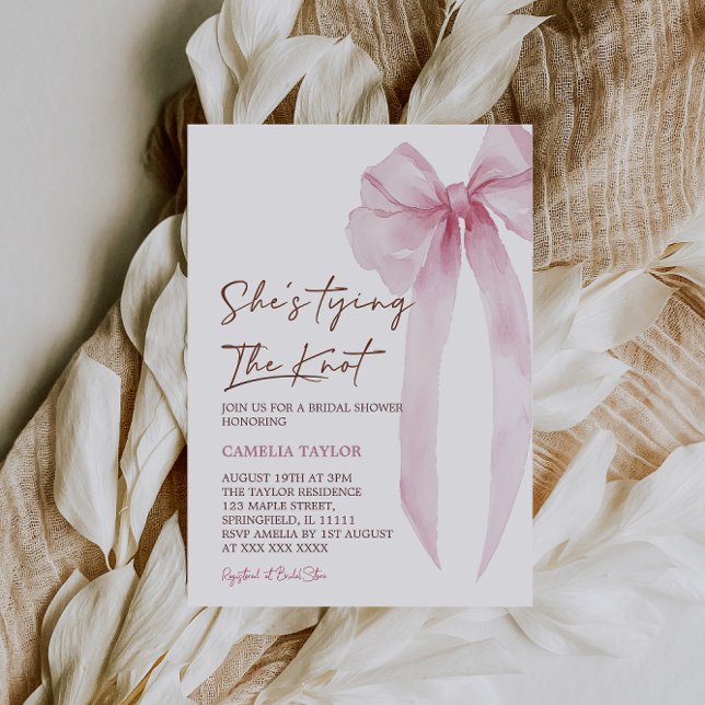 She's Tying The Knot Pink Bow Bridal Shower Invitation (Creator Uploaded)