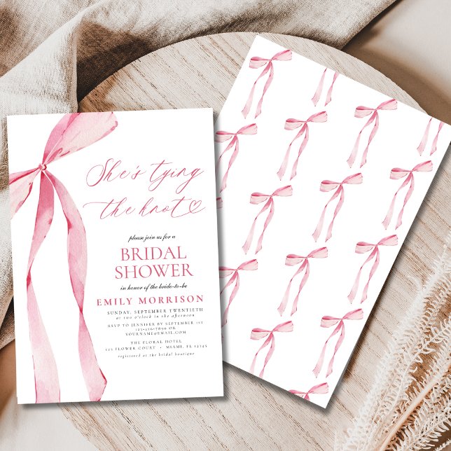 She's Tying the Knot Pink Bow Bridal Shower Invitation (Creator Uploaded)