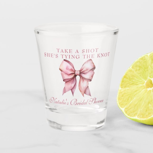 She's Tying The Knot Pink Bow Bridal Shower Shot Glass (Front)