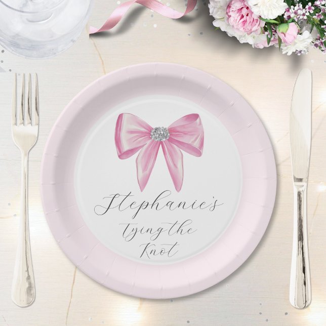 She's Tying The Knot Pink Bow Glam Bridal Shower Paper Plate (Creator Uploaded)