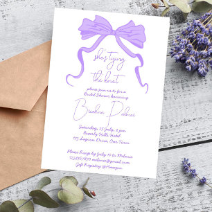 She's tying the knot purple ribbon bow invitation