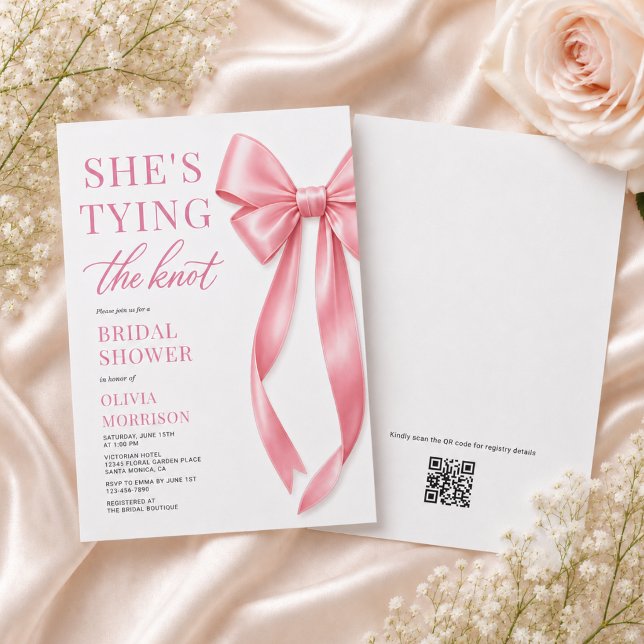 She's Tying The Knot QR Code Pink Bridal Shower  Invitation (Creator Uploaded)