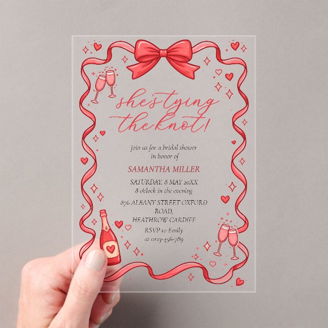 She's Tying The Knot Red Bow Bridal Shower  Acrylic Invitations (Insitu (Handheld))