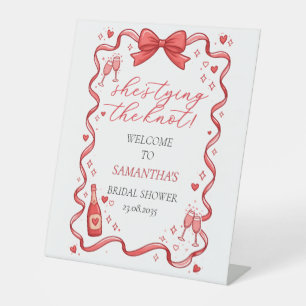 She's Tying The Knot Red Bow Bridal Shower Welcome Pedestal Sign