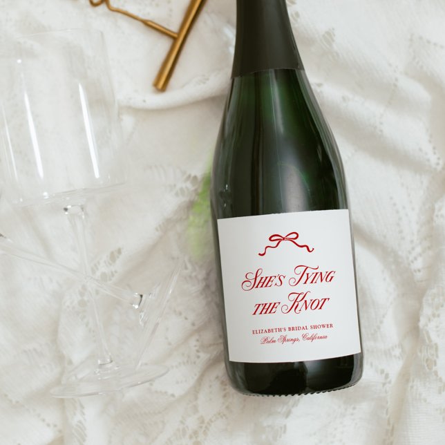 She's Tying The Knot Red Elegant Hand Drawn Bow Sparkling Wine Label (Creator Uploaded)