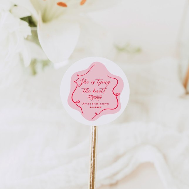 She's tying the knot retro wavy pink red classic round sticker (Creator Uploaded)