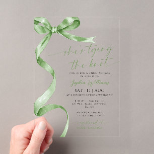 She's Tying the Knot Sage Green Bow Bridal Shower Acrylic Invitations