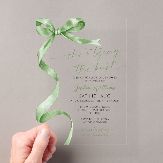 She's Tying the Knot Sage Green Bow Bridal Shower Acrylic Invitations (Insitu (Handheld))