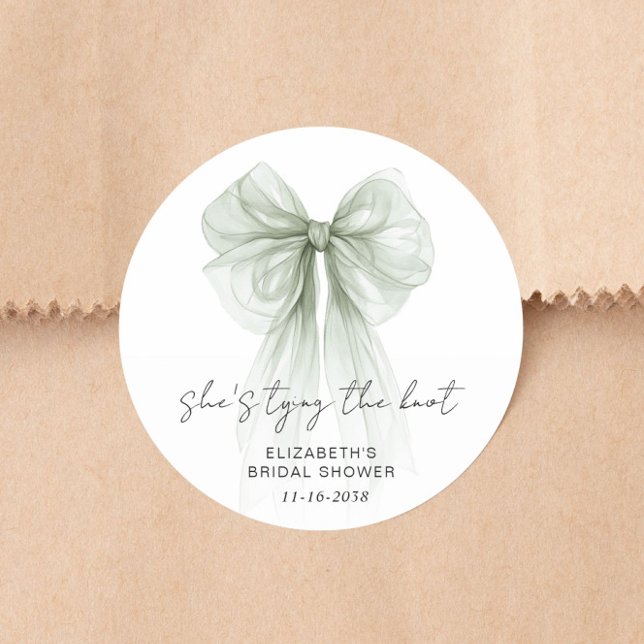 She's Tying The Knot Sage Green Bow Bridal Shower Classic Round Sticker (Creator Uploaded)