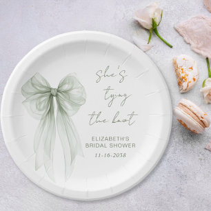 She's Tying The Knot Sage Green Bow Bridal Shower Paper Plate