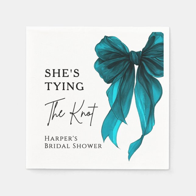 She's Tying The Knot Turquoise Bow Bridal Shower Napkin (Front)