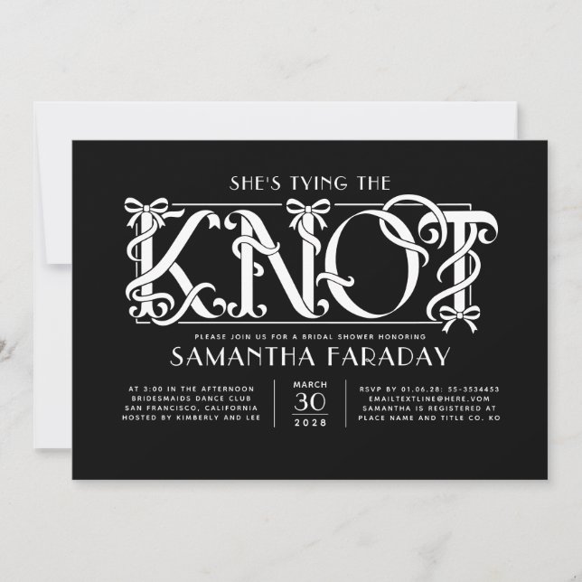 She's Tying The Knot White Bow Black Bridal Shower Invitation (Front)
