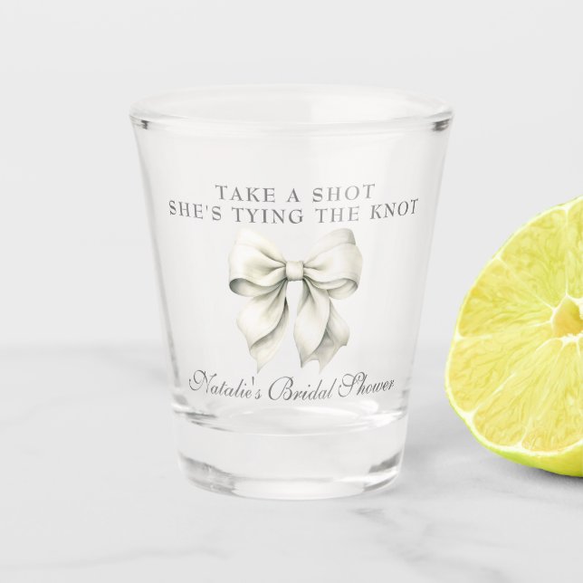 She's Tying The Knot White Bow Bridal Shower Shot Glass (Front)