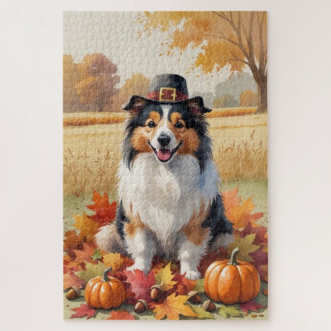 Shetland Sheepdog Autumn Leaves Thanksgiving Art Jigsaw Puzzle (Vertical)