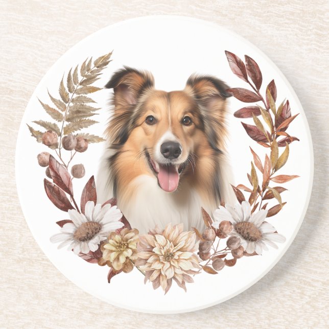 Shetland Sheepdog Autumn Wreath Coaster (Front)