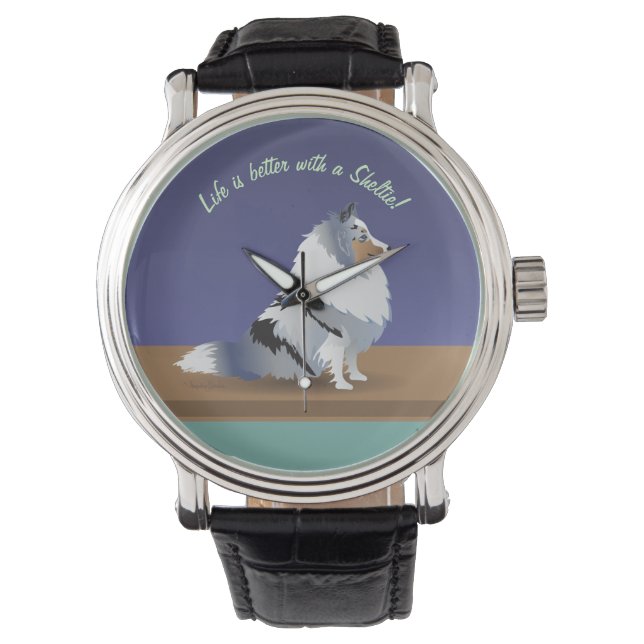 Shetland Sheepdog: Blue Merle Sheltie on purple Watch (Front)