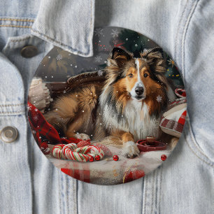 Shetland Sheepdog Christmas Festive 6 Inch Round Button