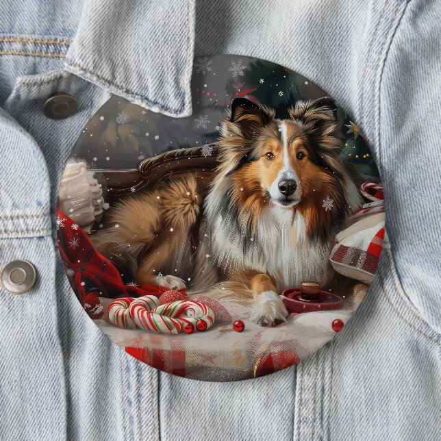 Shetland Sheepdog Christmas Festive 6 Inch Round Button (In Situ)
