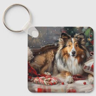 Shetland Sheepdog Christmas Festive Keychain