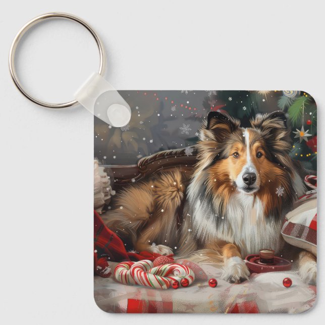Shetland Sheepdog Christmas Festive Keychain (Front)