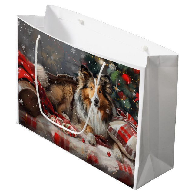 Shetland Sheepdog Christmas Festive Large Gift Bag (Front Angled)