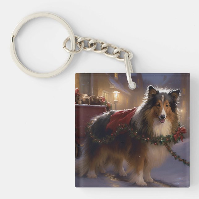 Shetland Sheepdog Christmas Festive Season  Keychain (Front)