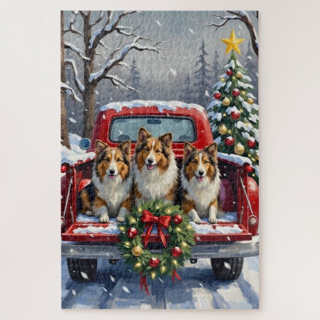 Shetland Sheepdog Christmas Red Truck Holiday Jigsaw Puzzle (Vertical)