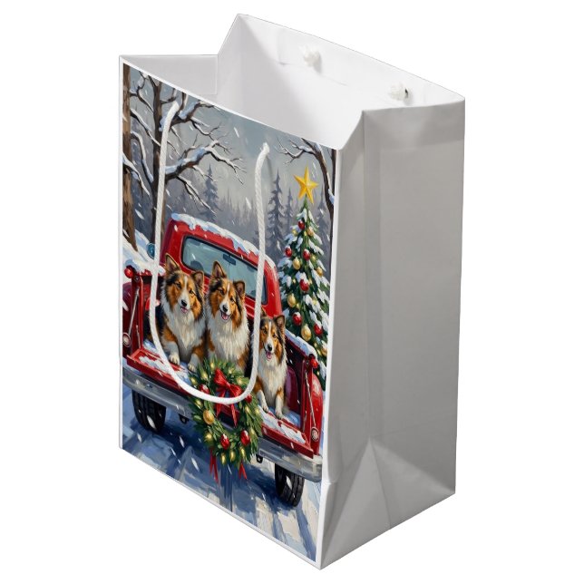 Shetland Sheepdog Christmas Red Truck Holiday Medium Gift Bag (Front Angled)